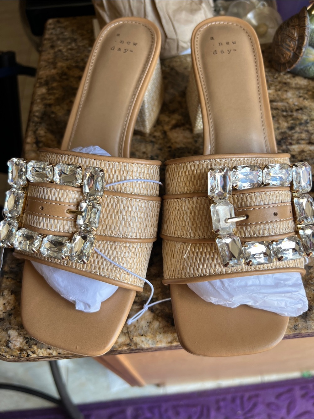 a new day Kathleen Raffia Buckle Block Heels Tan US 10